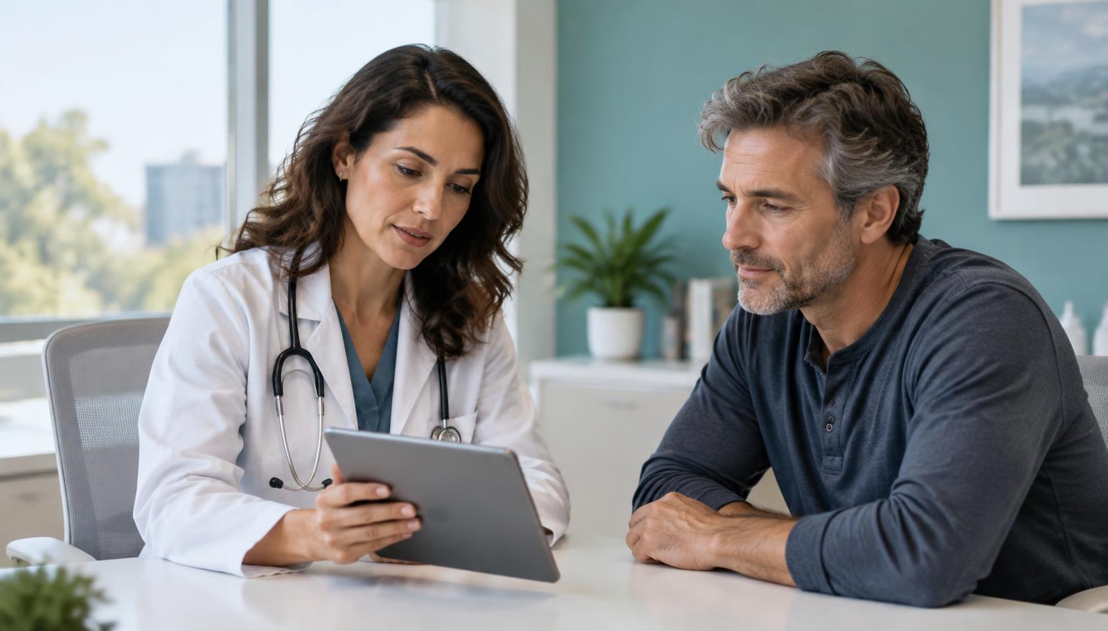 Physician reviewing a patient's lab results on a tablet during a peptide program follow-up visit in a bright clinic.