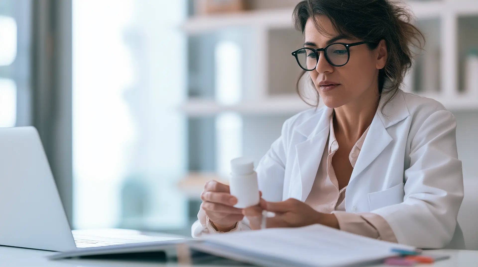 Female physician in a white coat reviewing AgeREcode enteric-coated oral peptide capsules at a clinic desk with laptop, representing needle-free peptide therapy for medical practices