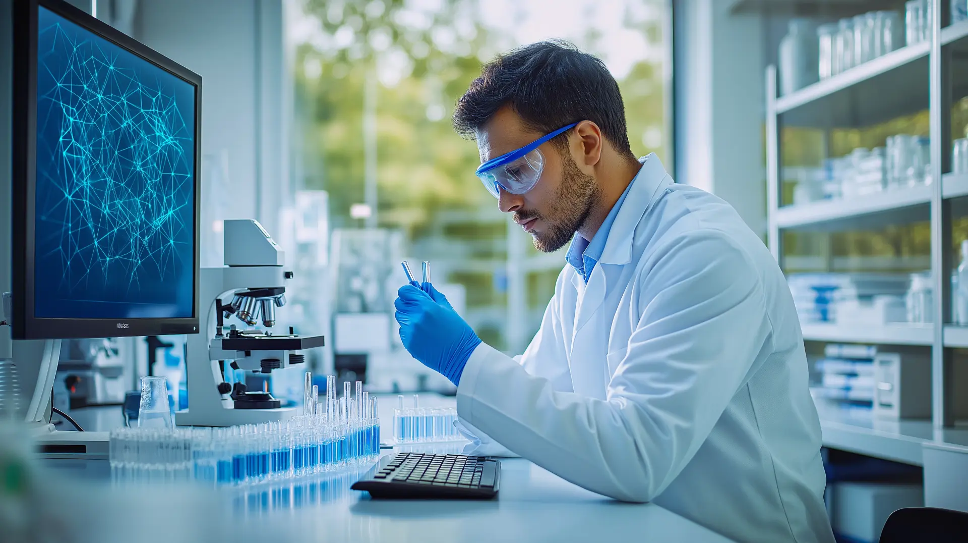 Pharmaceutical scientist reviewing peptide quality data in an AgeREcode cGMP certified, ISO-7 cleanroom laboratory in the USA