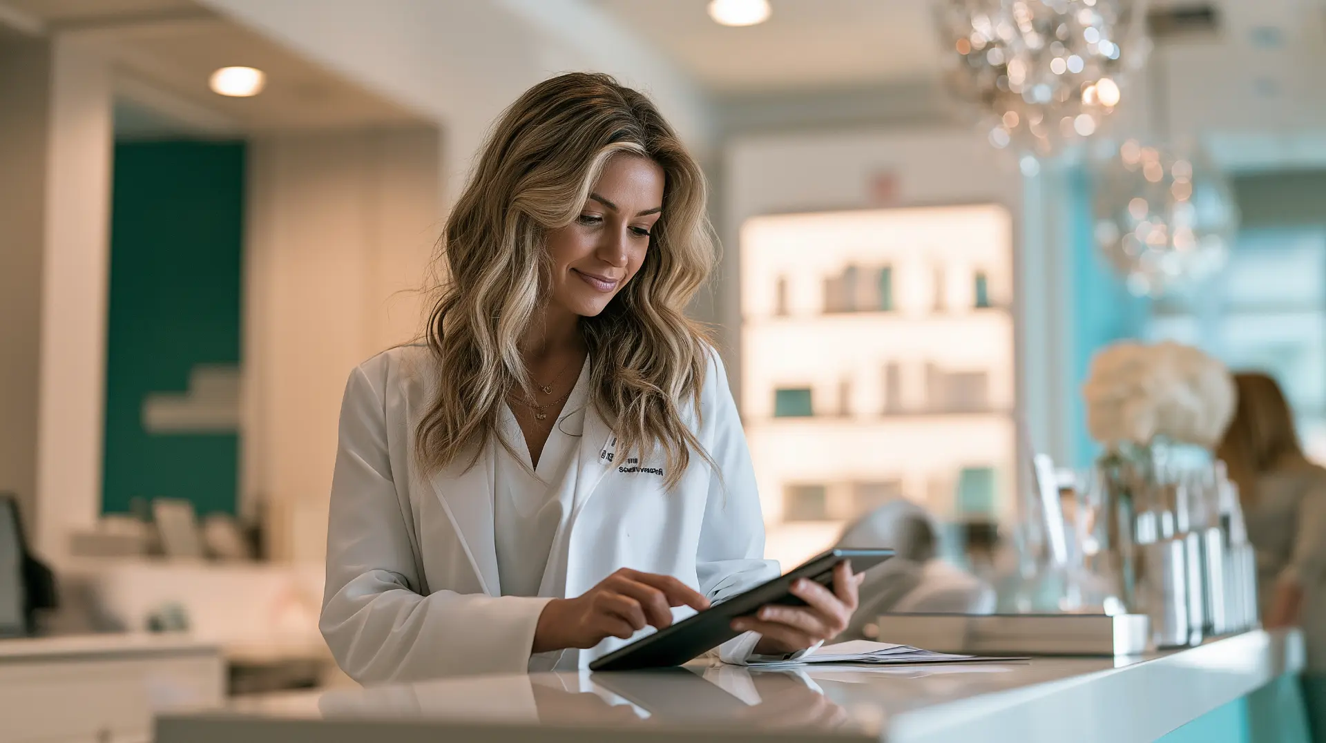 Physician practice owner reviewing growth metrics on a tablet at the front desk of a modern medical practice