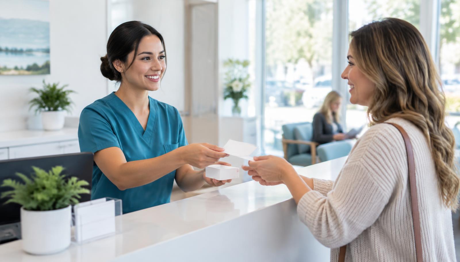 Front desk coordinator handing a patient an AgeREcode information card and sample pack at checkout in a bright medical practice.