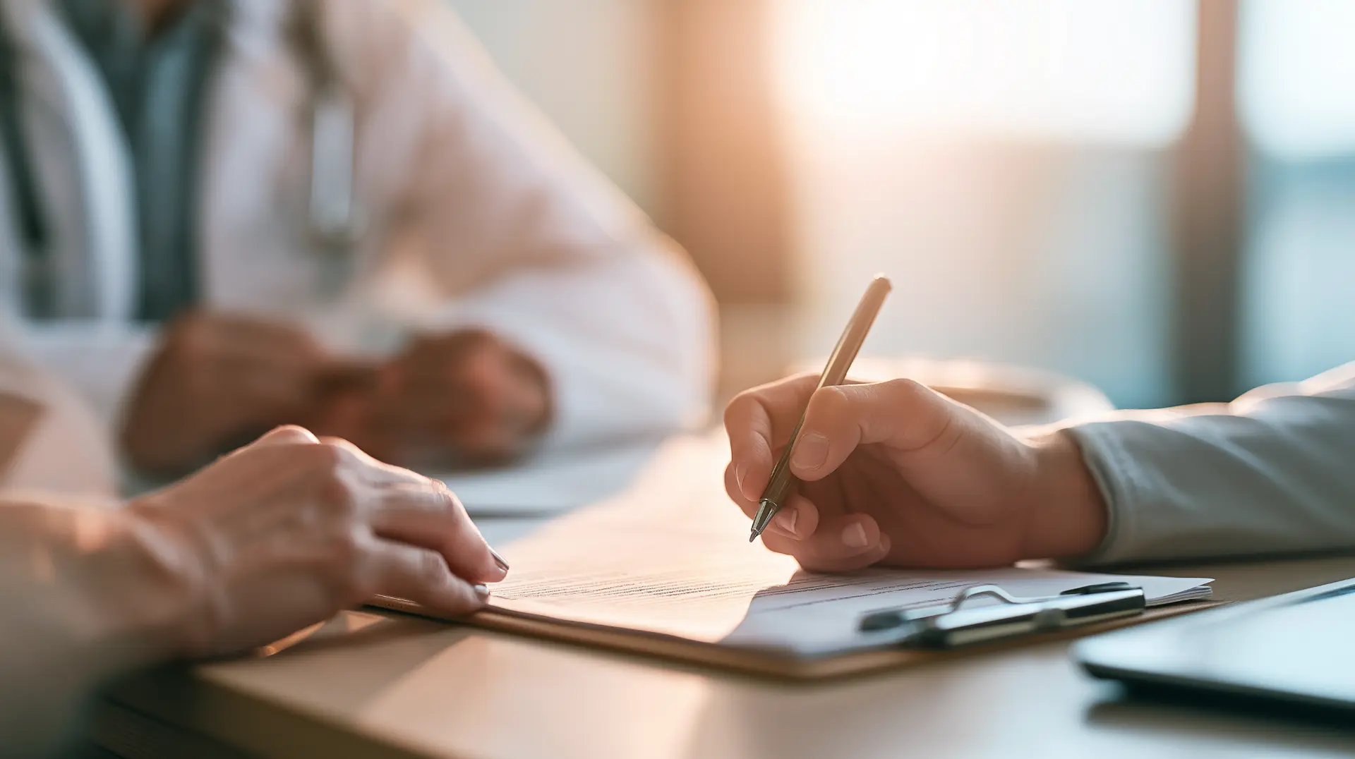 Patient signing an informed consent form at a clinic desk with a provider present
