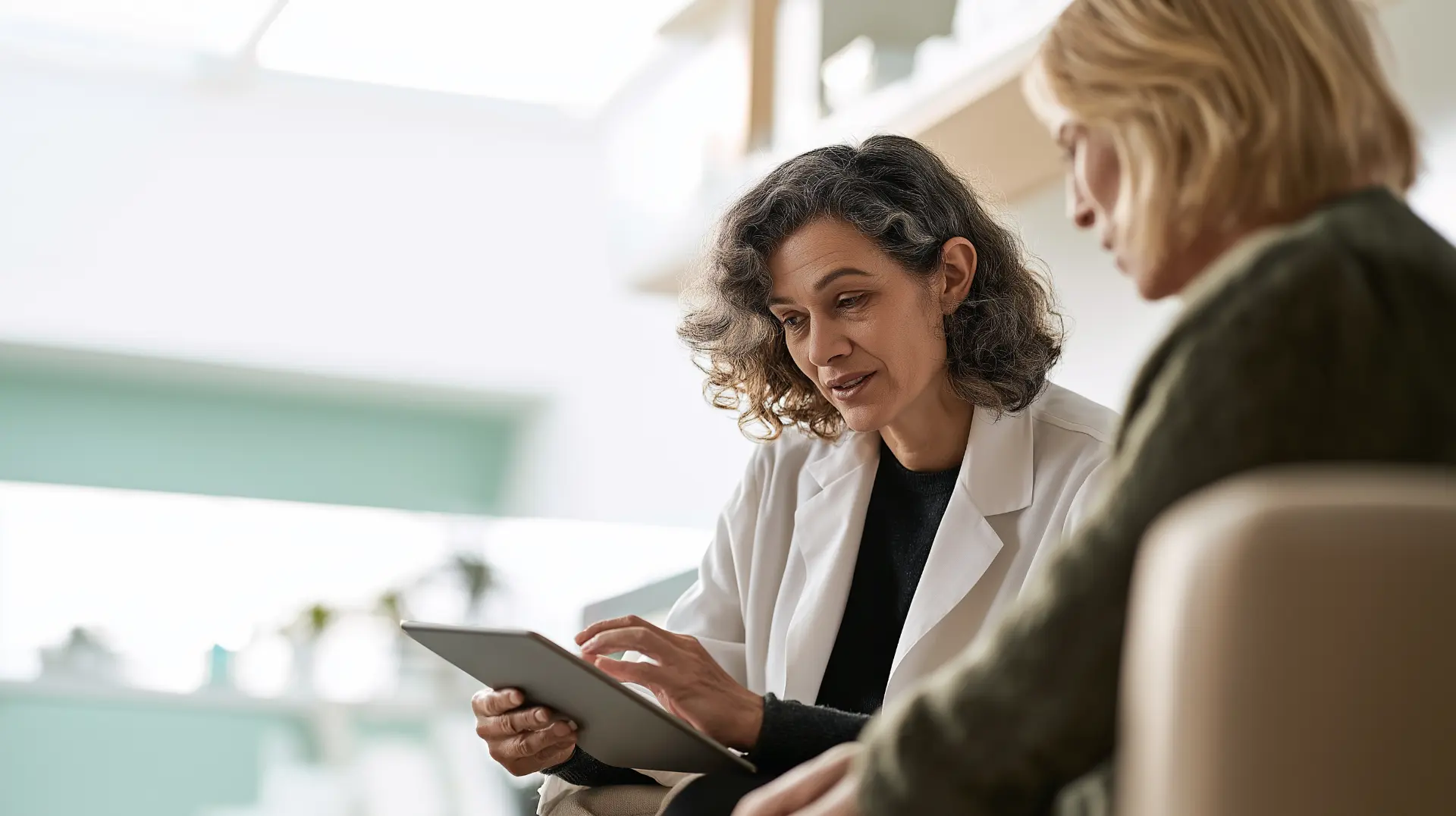 Physician reviewing a structured treatment plan with a patient during a consultation in a modern clinic