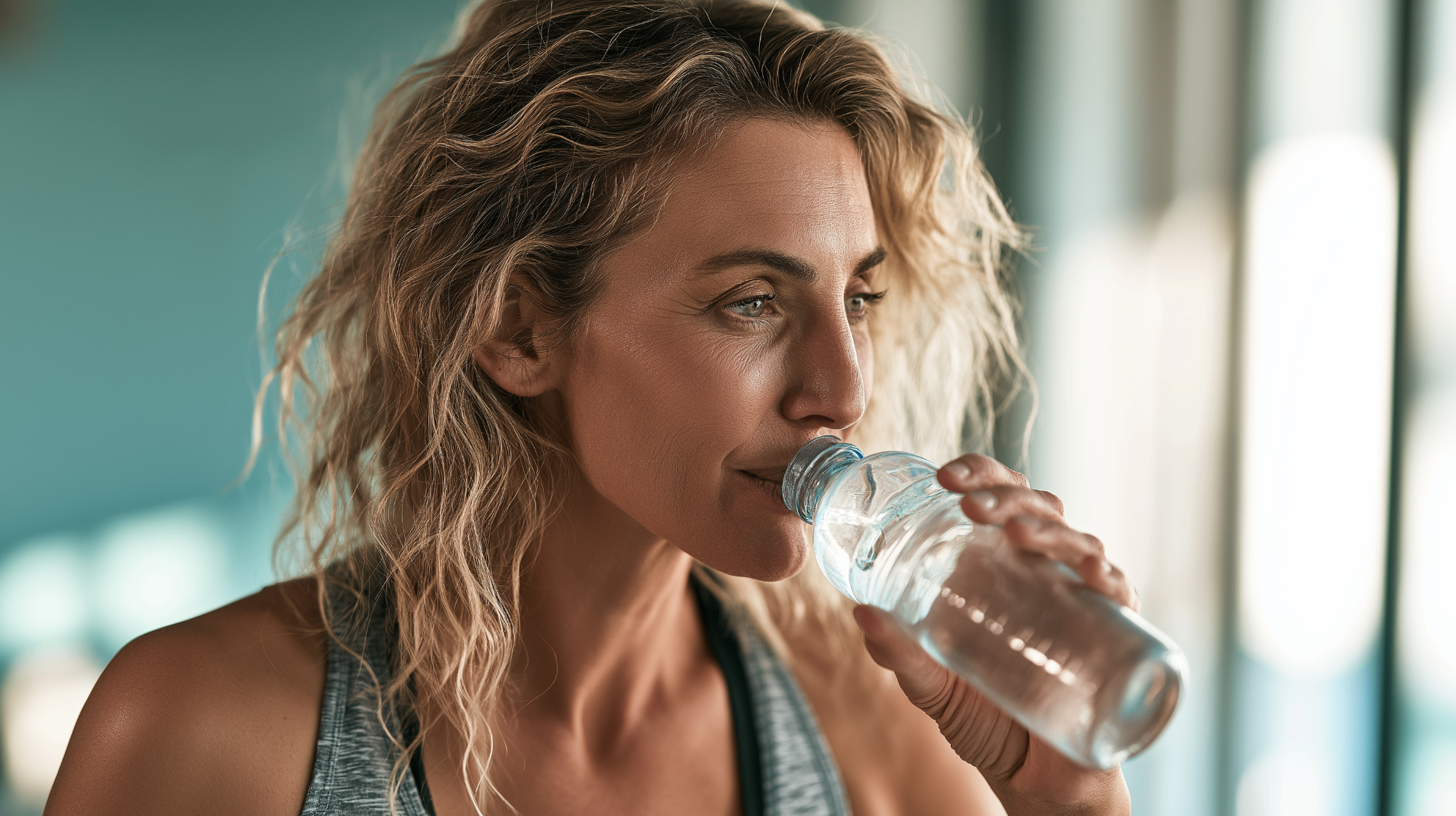 Active healthy woman in her 40s drinking water after exercise, representing metabolic and longevity wellness