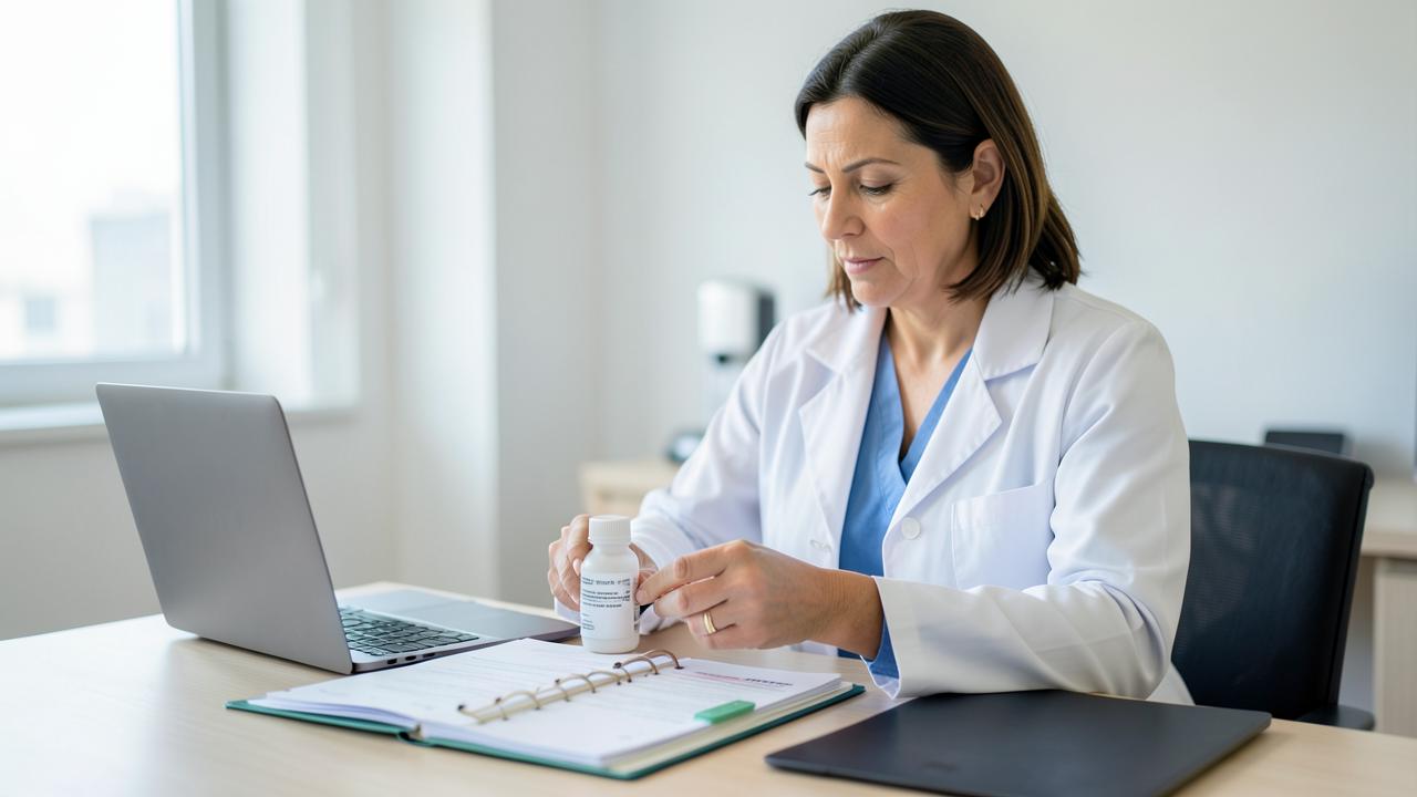 Physician reading the label on a peptide product beside an open compliance binder at a clinic desk
