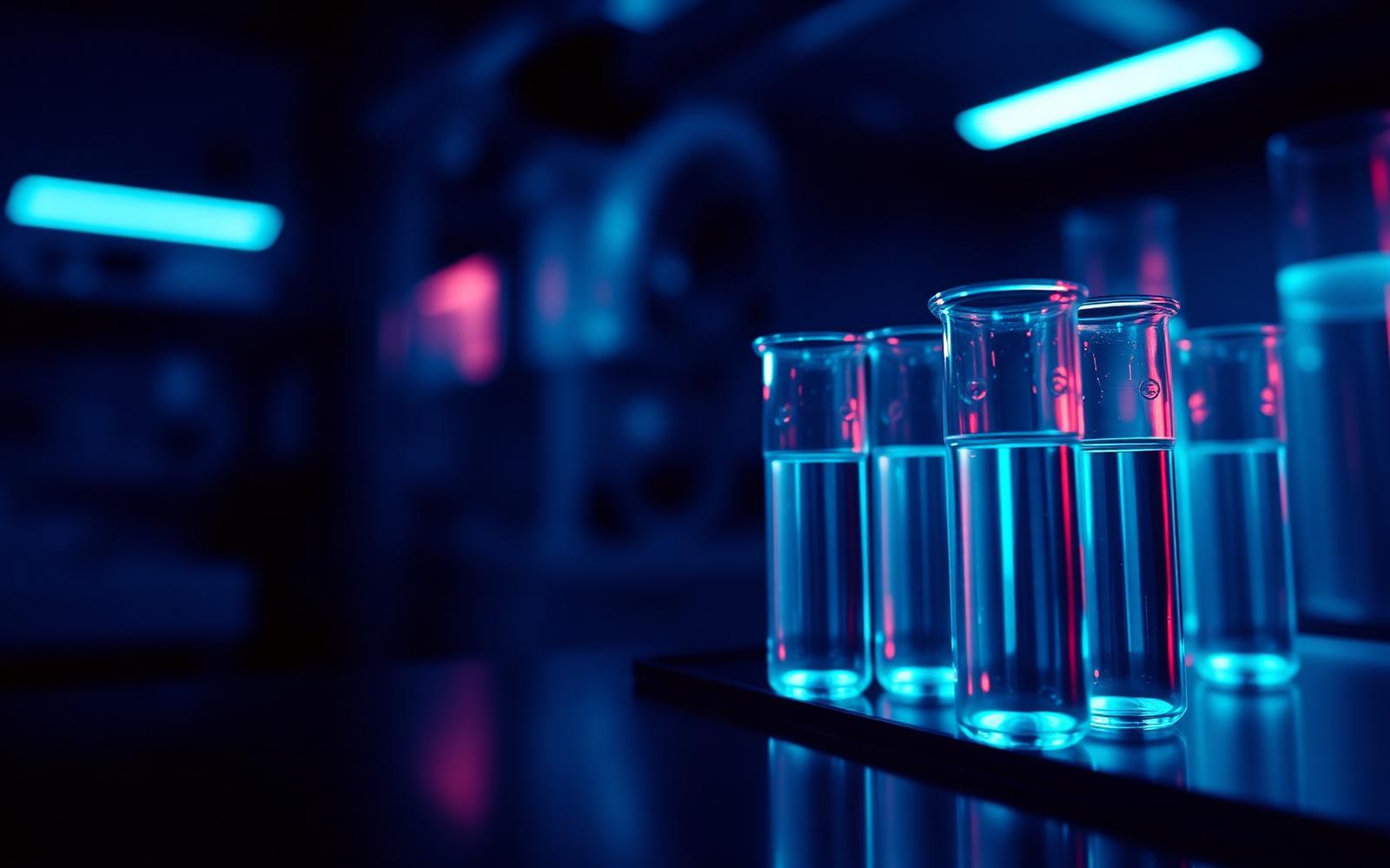 Glowing cyan pharmaceutical vials in a dark cleanroom laboratory