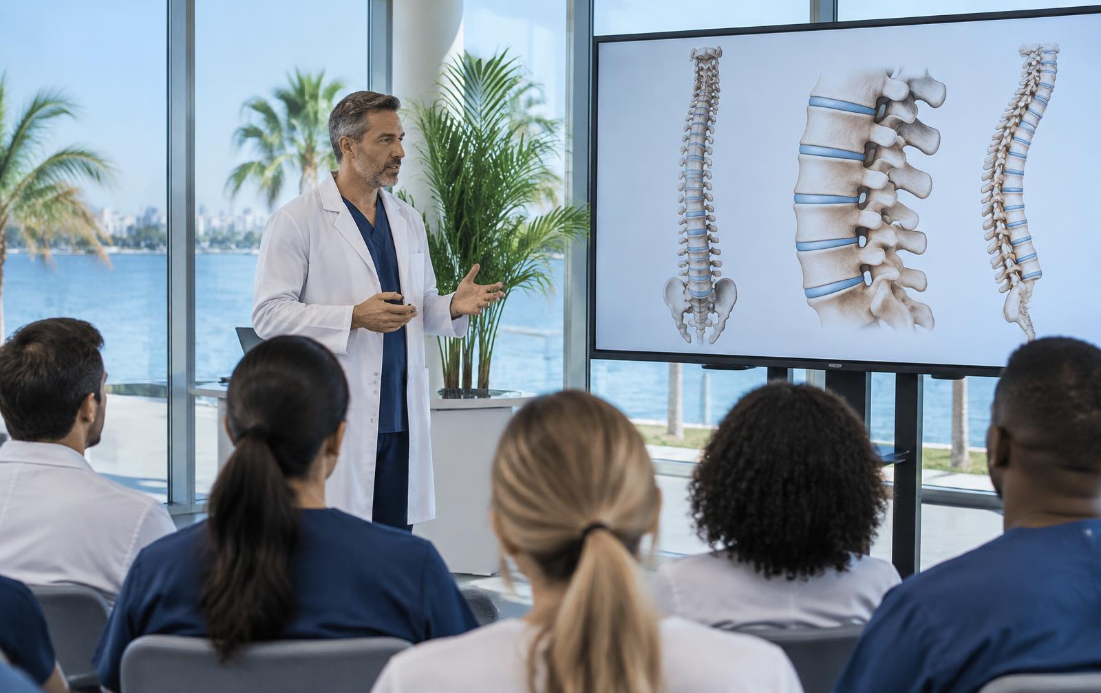 Presenter in a white coat teaching healthcare professionals about spine anatomy in a bright waterfront seminar room